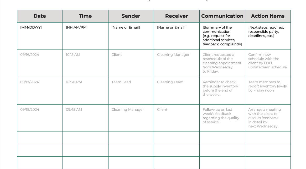 Cleaning Communication Log Template (+Free PDF Download) > Screenshot 3 (Image)